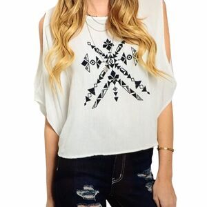 White Short Sleeve Embroidered Black Tribal  Poncho Top - NEW